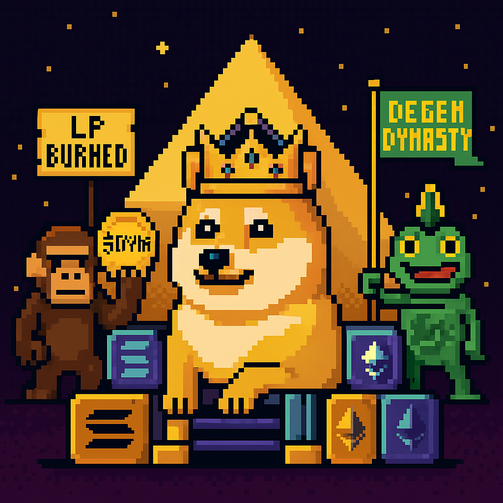 Pixel art: Doge throne with ape and frog banners